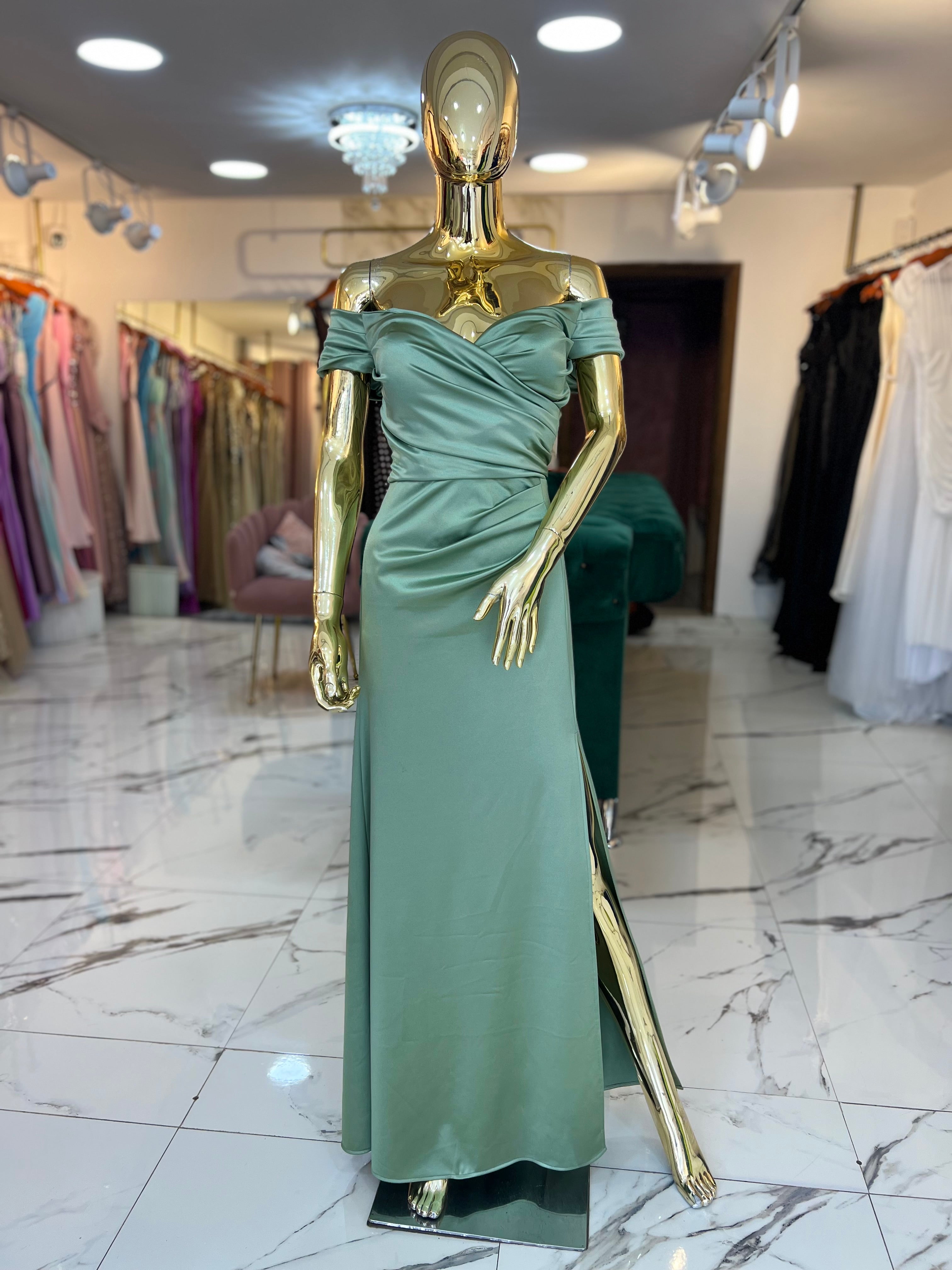 Vestido Satén Verde menta hombros
