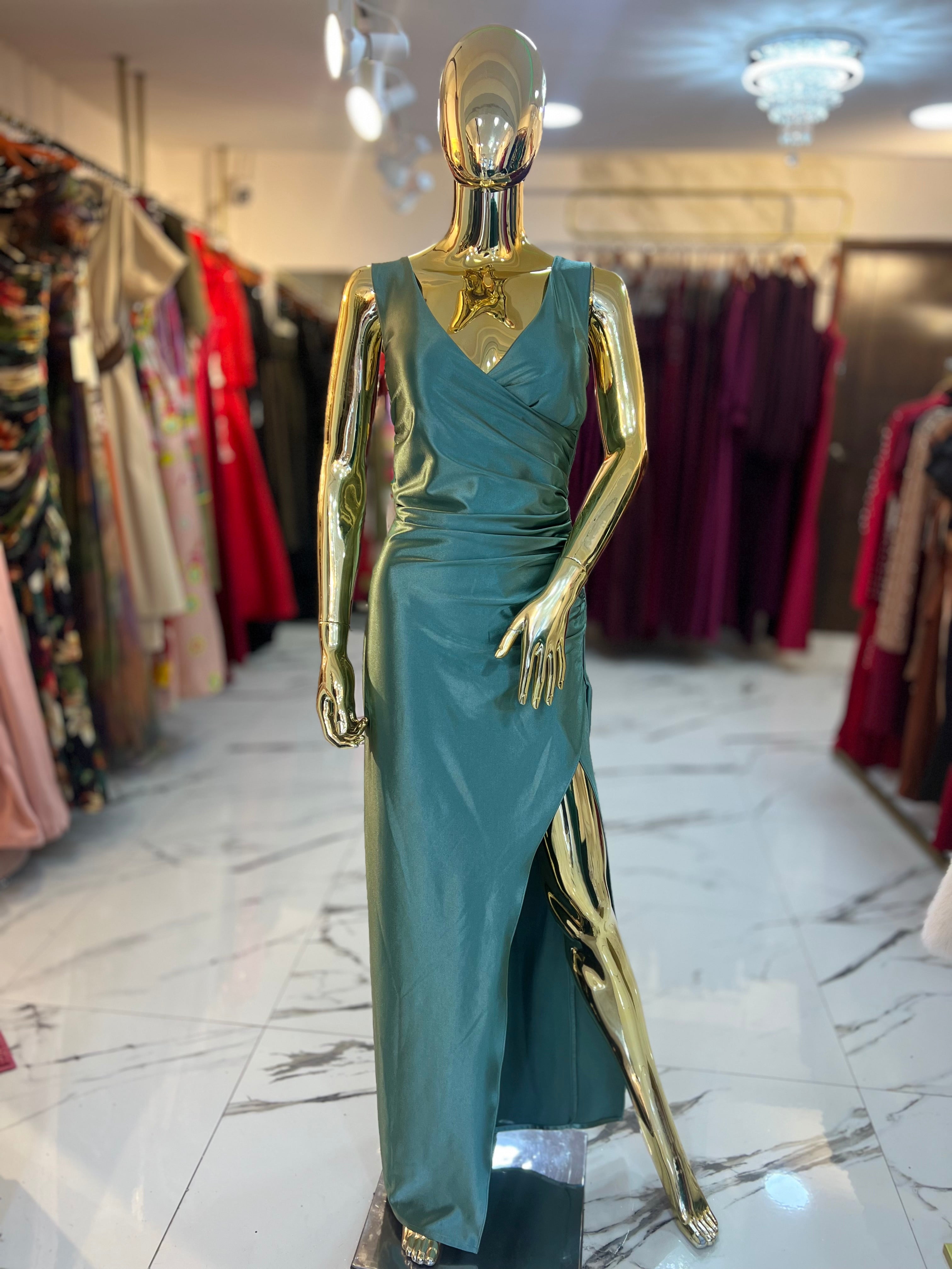 Vestido verde menta drapeado liso