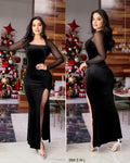 Vestido terciopelo negro manga Tul aventura pierna