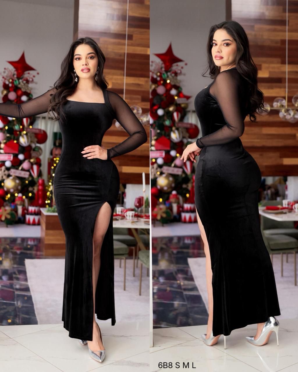 Vestido terciopelo negro manga Tul aventura pierna