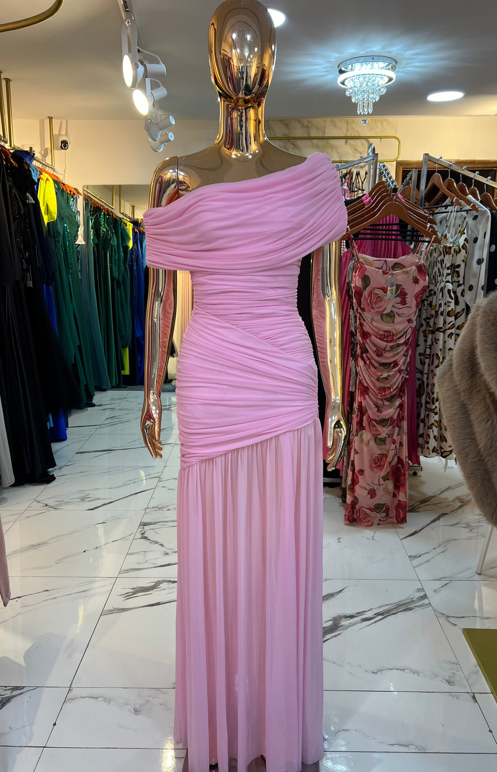 Vestido Tul plisado rosa para evento de día o tarde