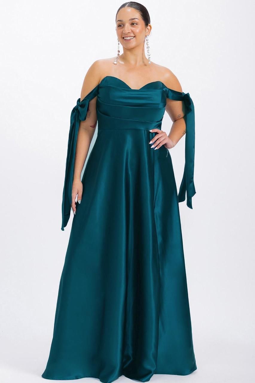 Vestido Saten Curvi azul pizarra listones