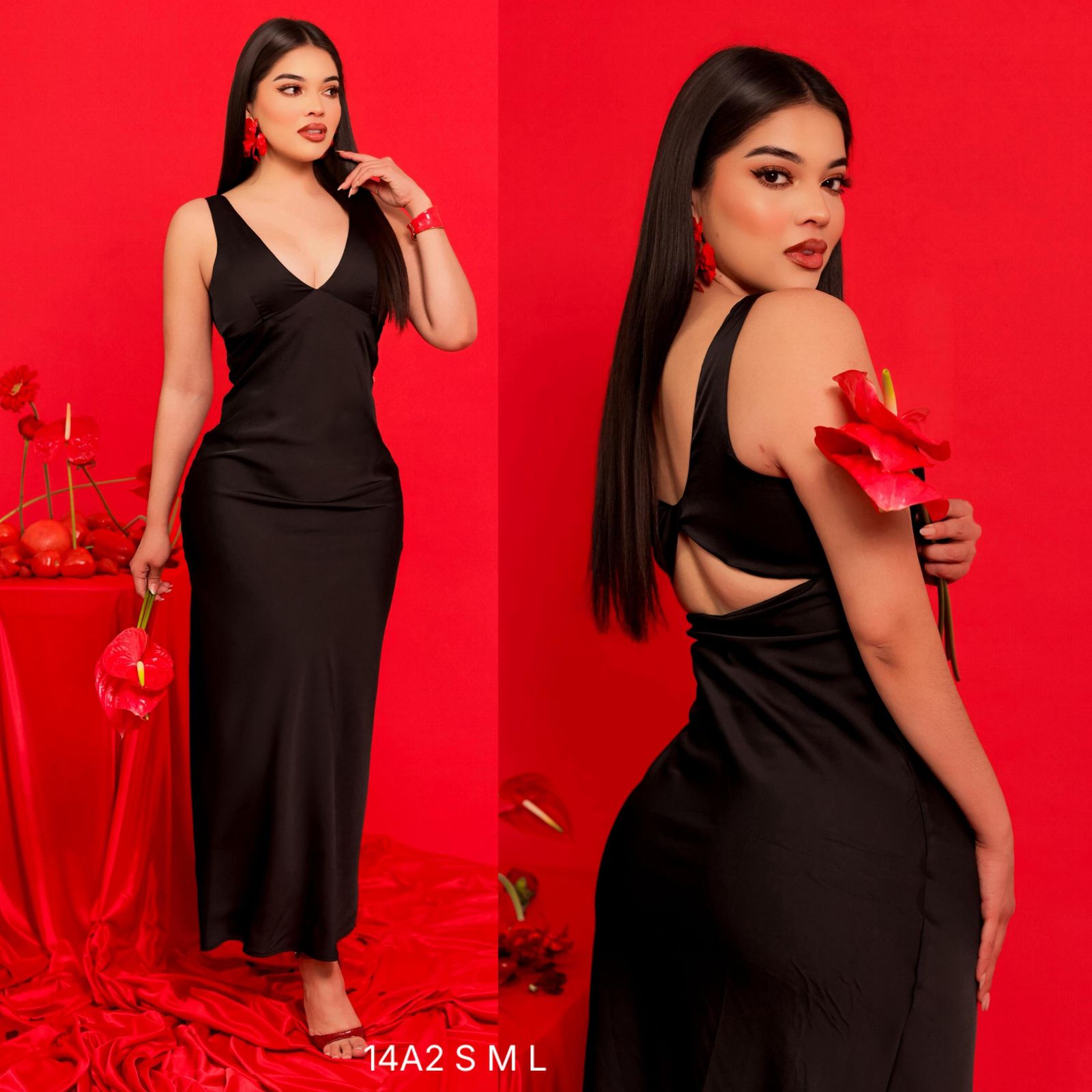 Vestido negro satén escote V liso