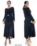 Vestido negro de punto manga larga, falda tul, cinto concha de mar