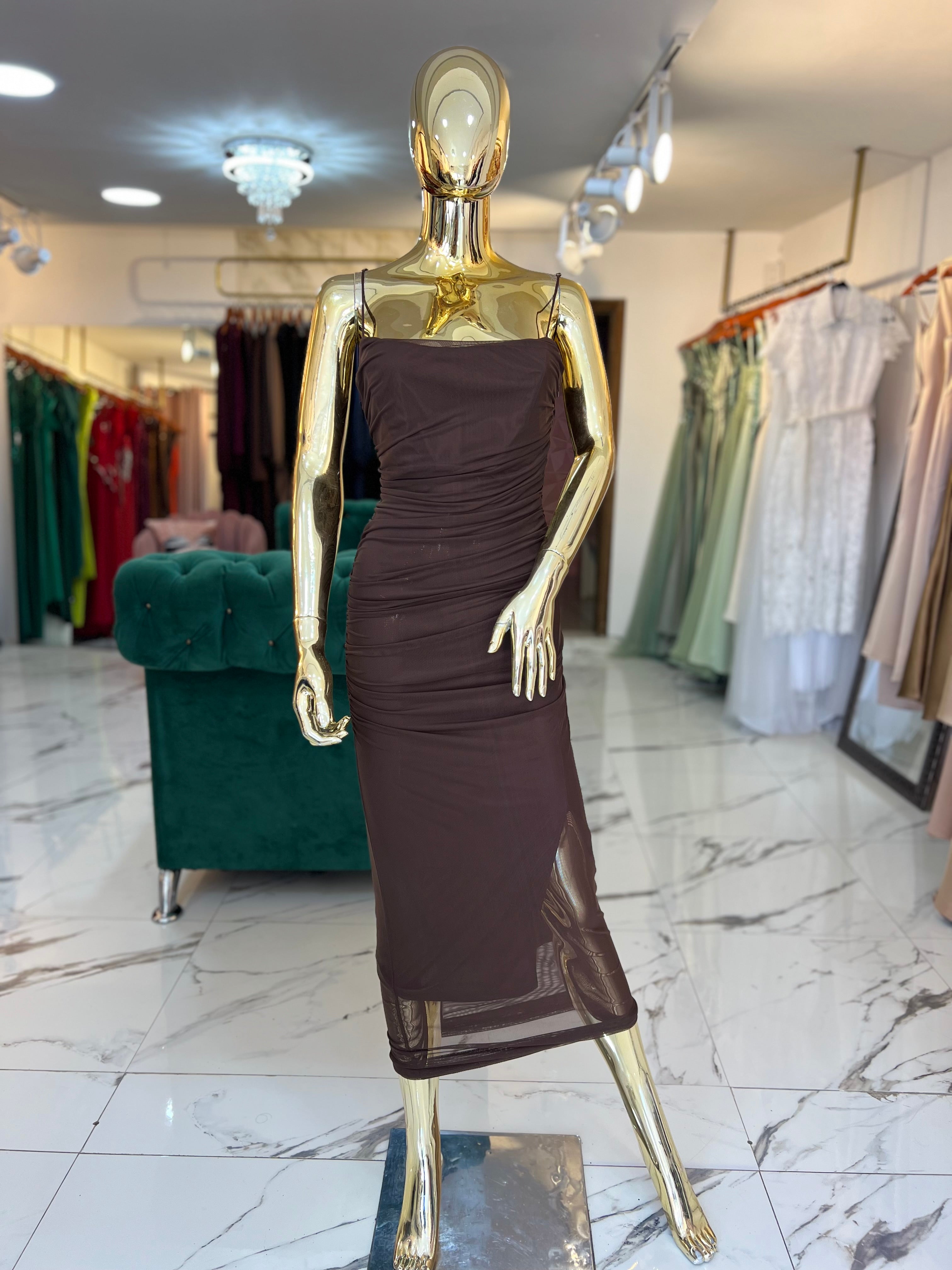 Vestido café Tul plisado con forro