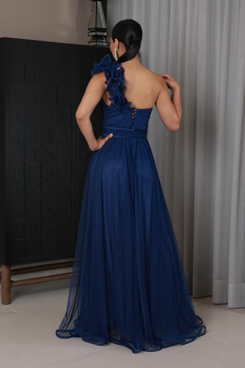 Vestido azul marino hombro escarolas Tul