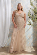Vestido dorado corte sirena apliques encaje dorado