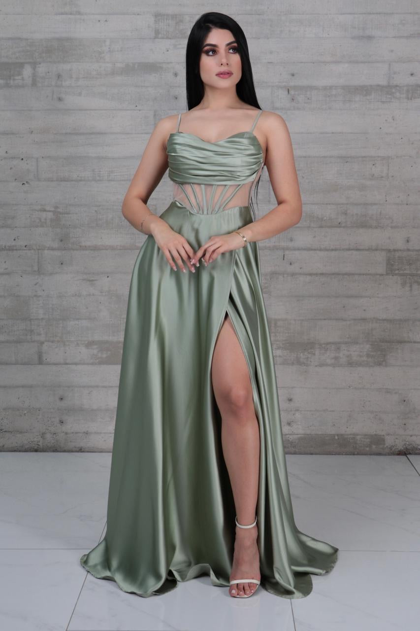 Vestido Verde pistache, Corsé traslúcido tirantes