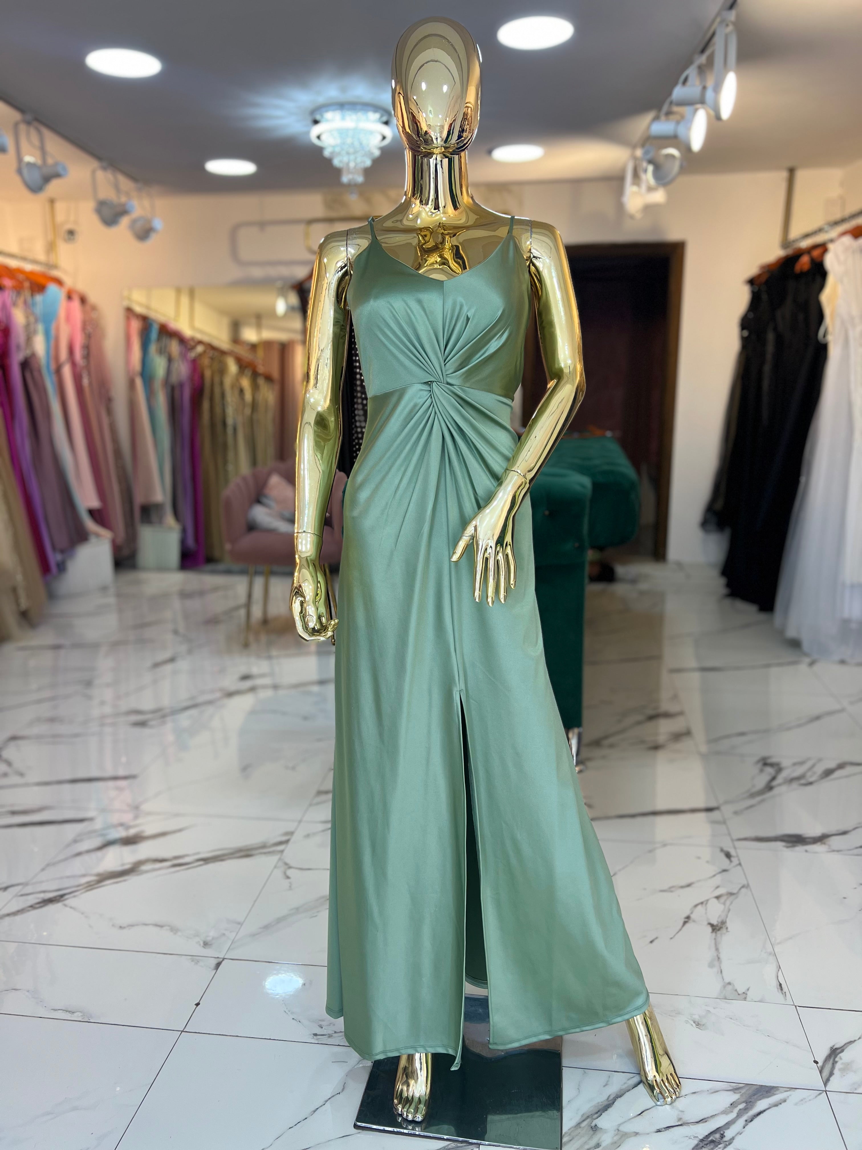 Vestido satén verde menta tirantes punto central