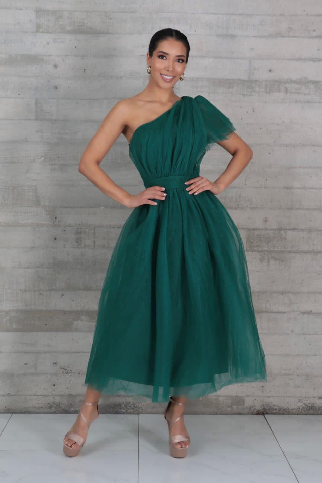 Vestido Tul verde asimétrico a un hombro