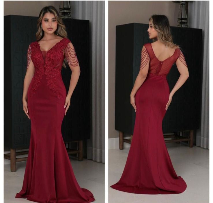 Vestido vino lentejuelas hombro aplique cintura
