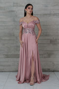 Vestido satinado rosa apliqué lentejuelas