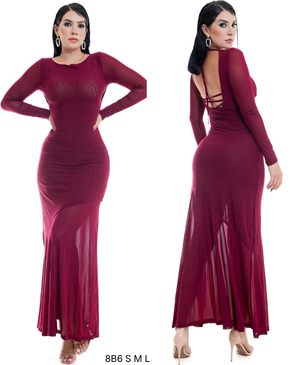 Vestido Tul manga larga vino escote espalda