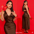 Vestido cafe satén escote V liso