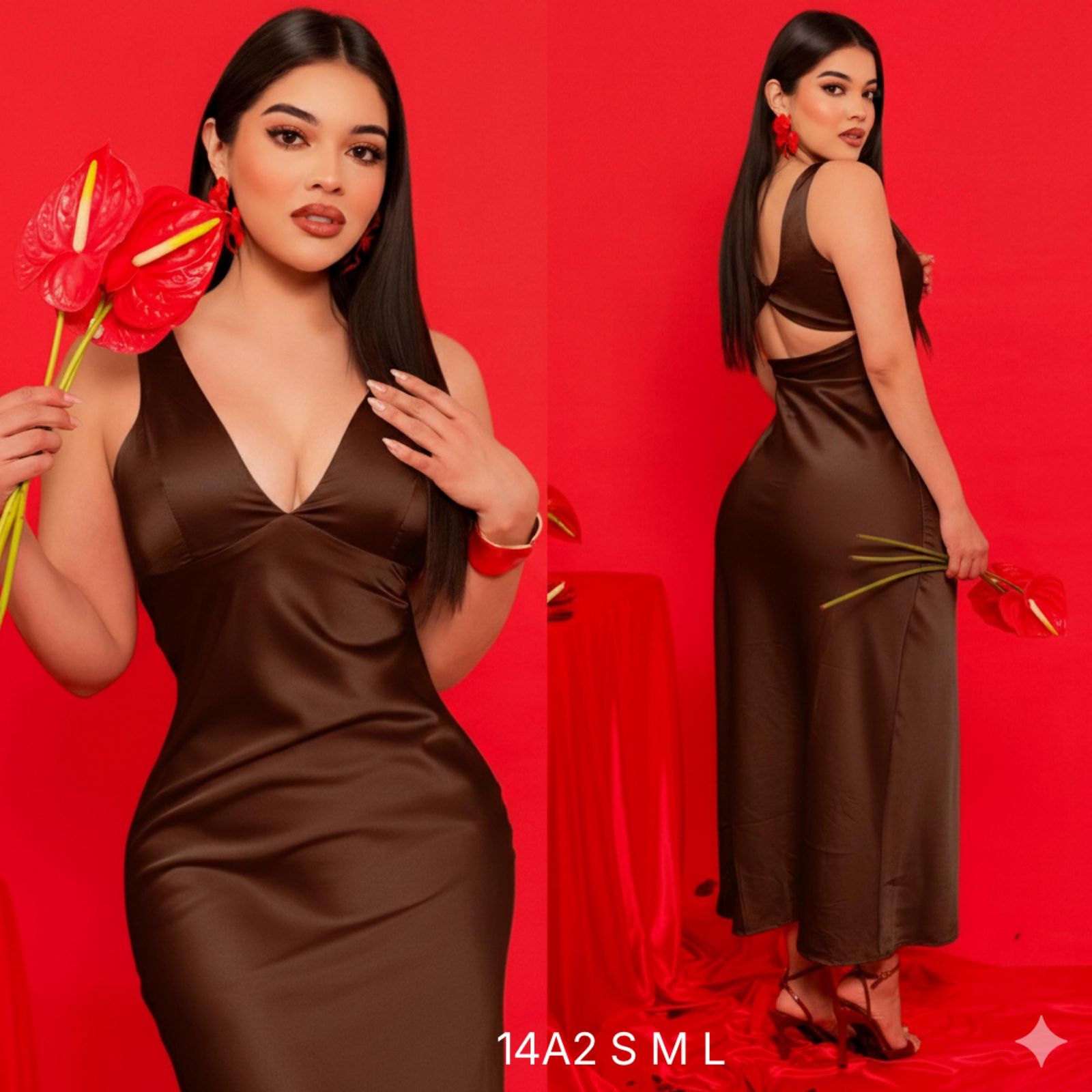 Vestido cafe satén escote V liso
