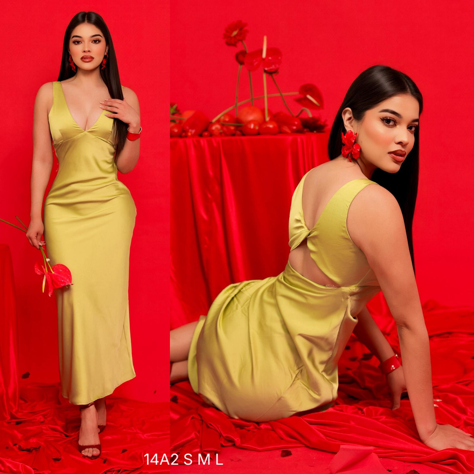 Vestido verde lima satén escote V liso