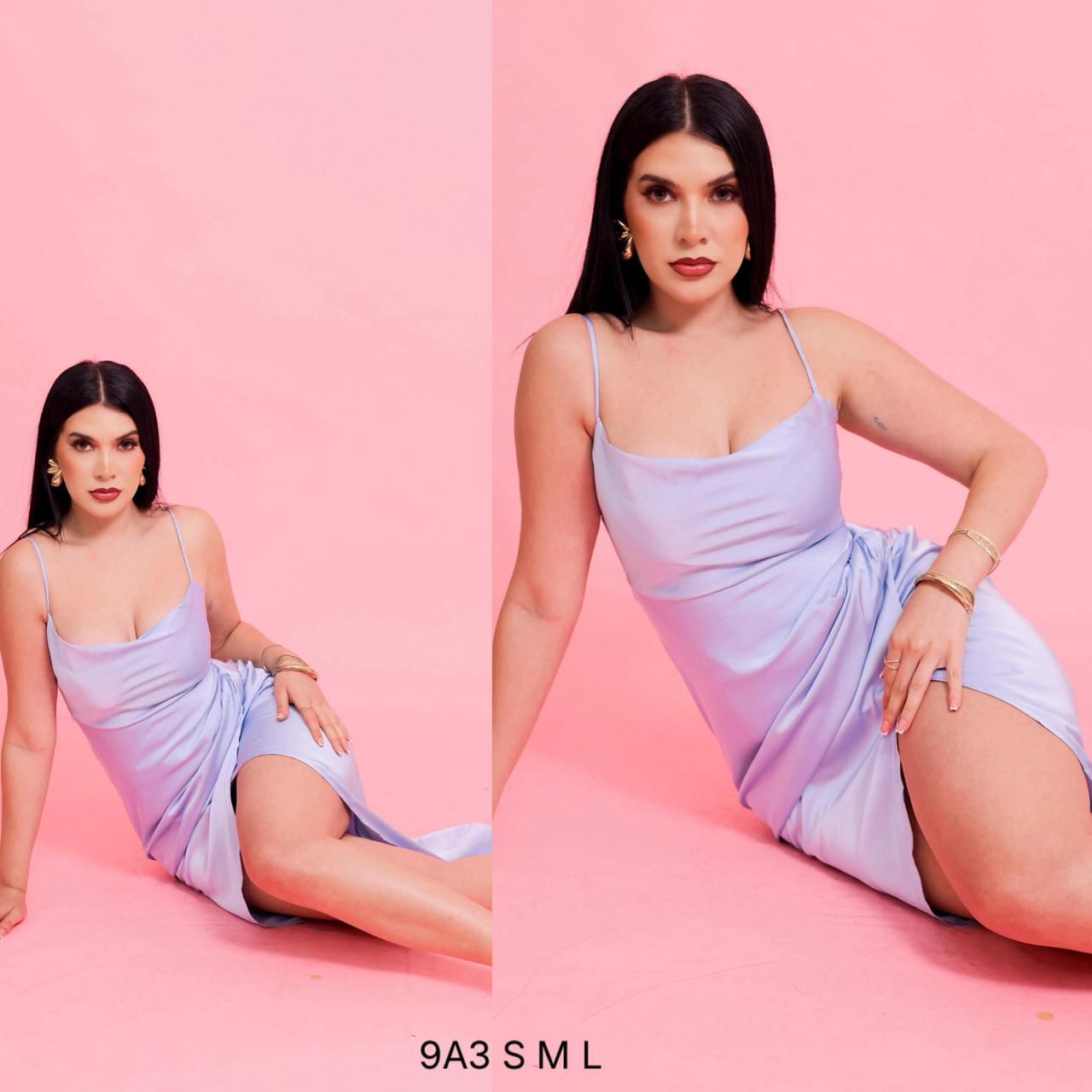 Vestido satén celeste corto drapeado