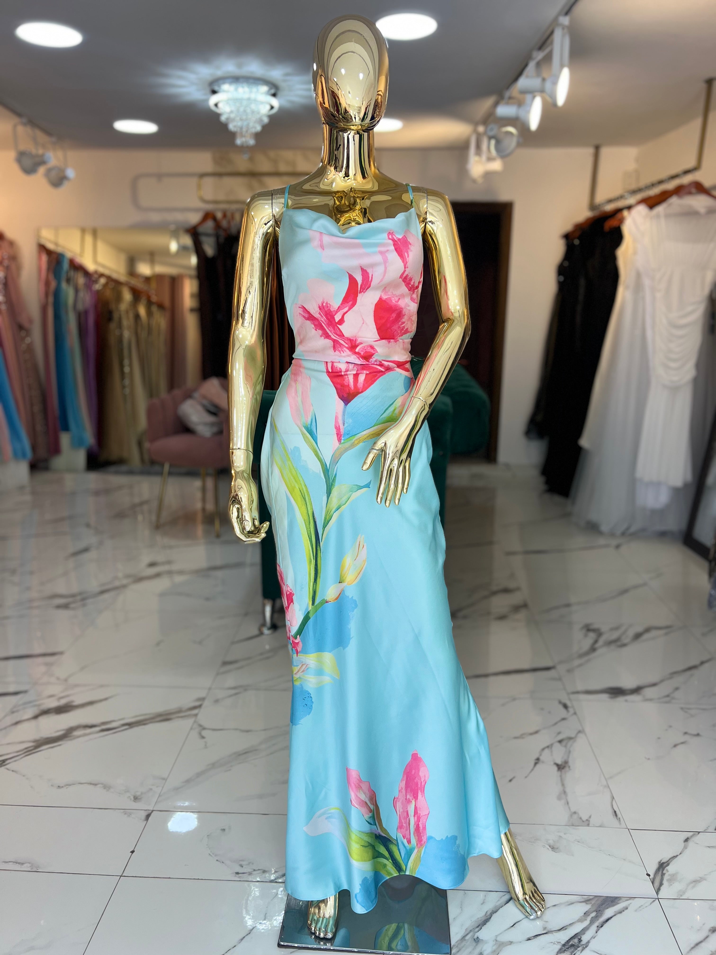 Vestido satén floral tiras