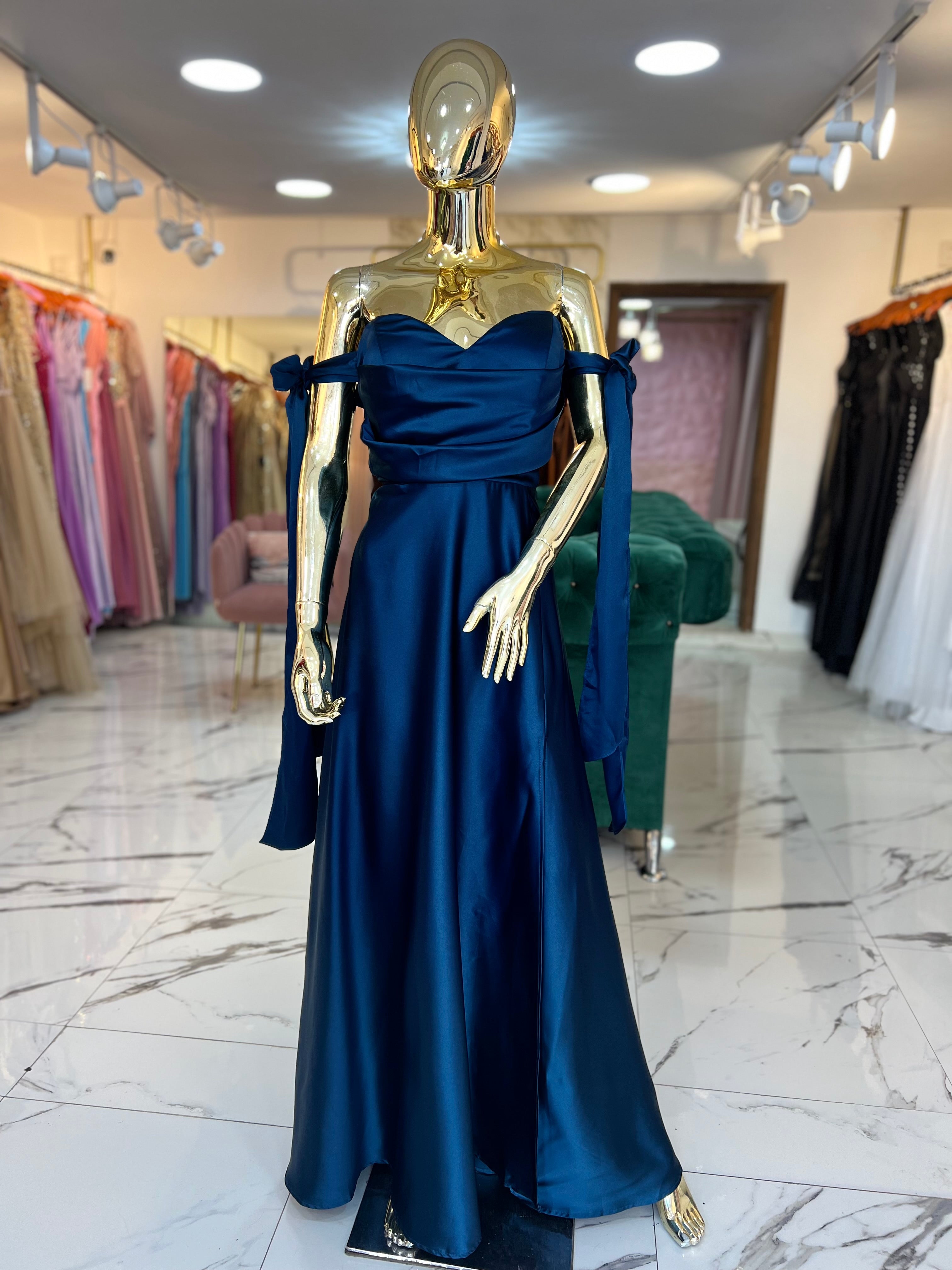 Vestido Saten Curvi azul pizarra listones