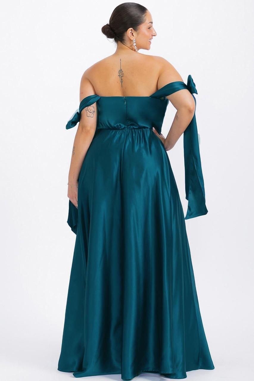 Vestido Saten Curvi azul pizarra listones