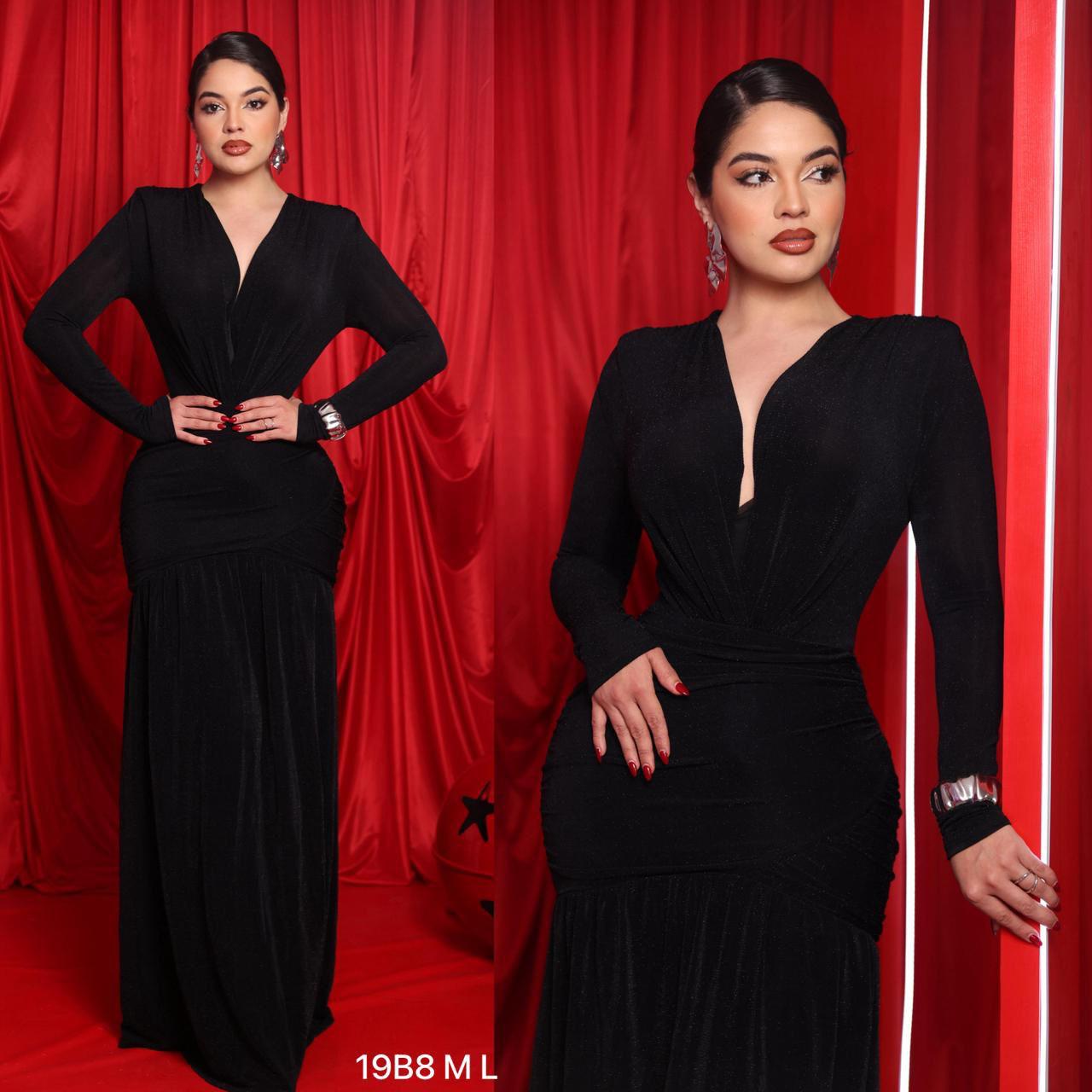 Vestido negro drapeado tela texturizada Shimmer