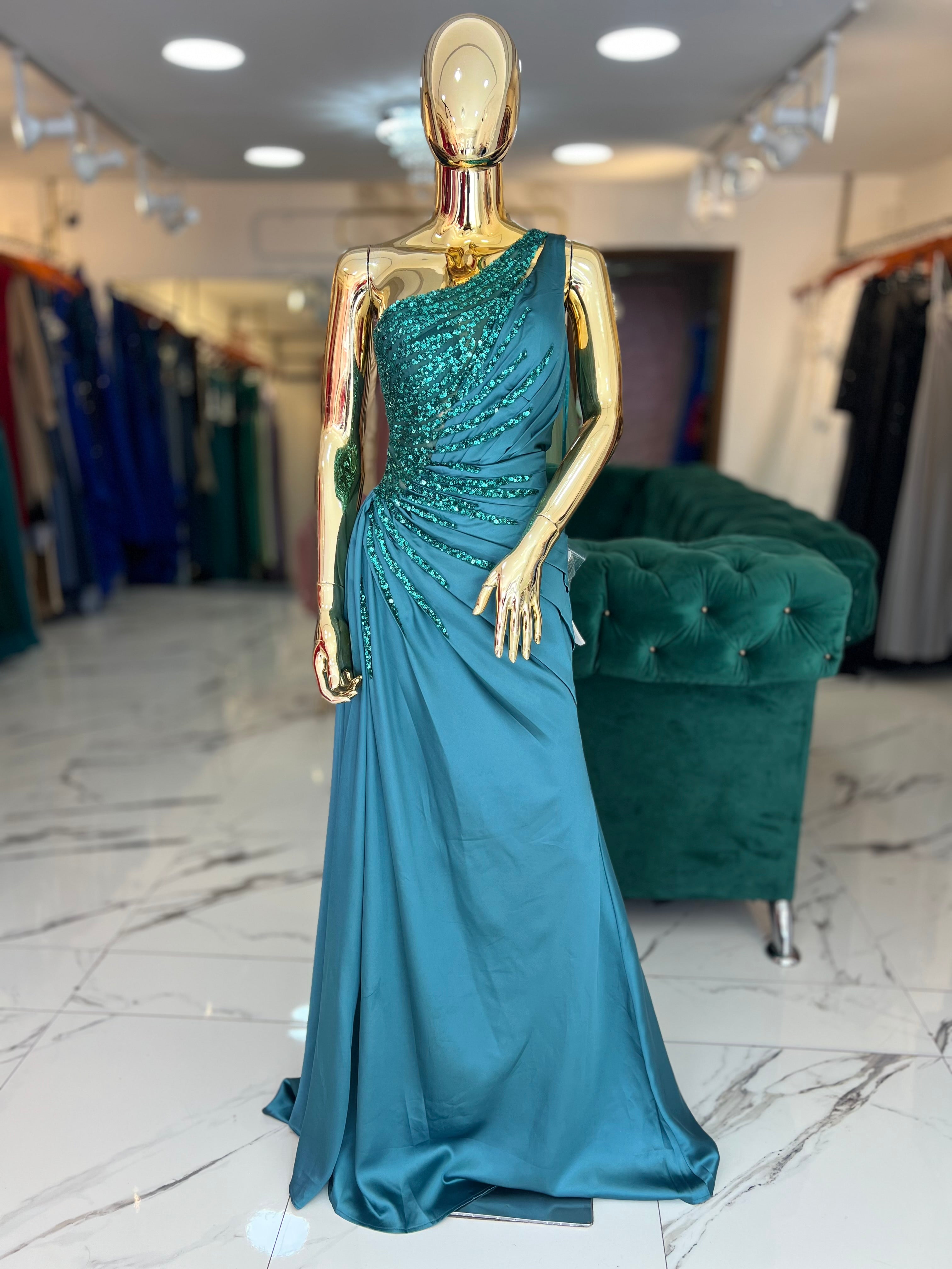 Vestido verde drapeado lentejuelas