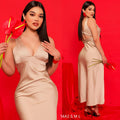 Vestido beige satén escote V liso