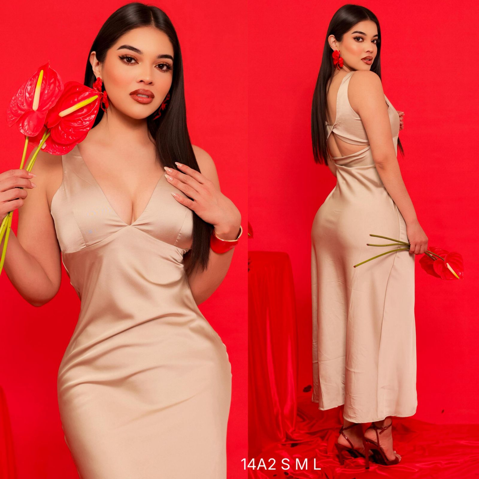 Vestido beige satén escote V liso