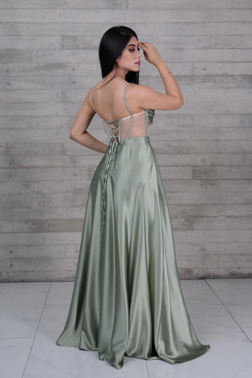 Vestido Verde pistache, Corsé traslúcido tirantes