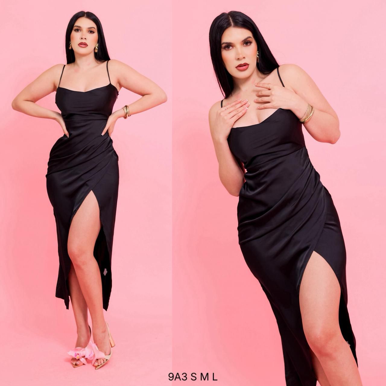 Vestido satén negro corto drapeado