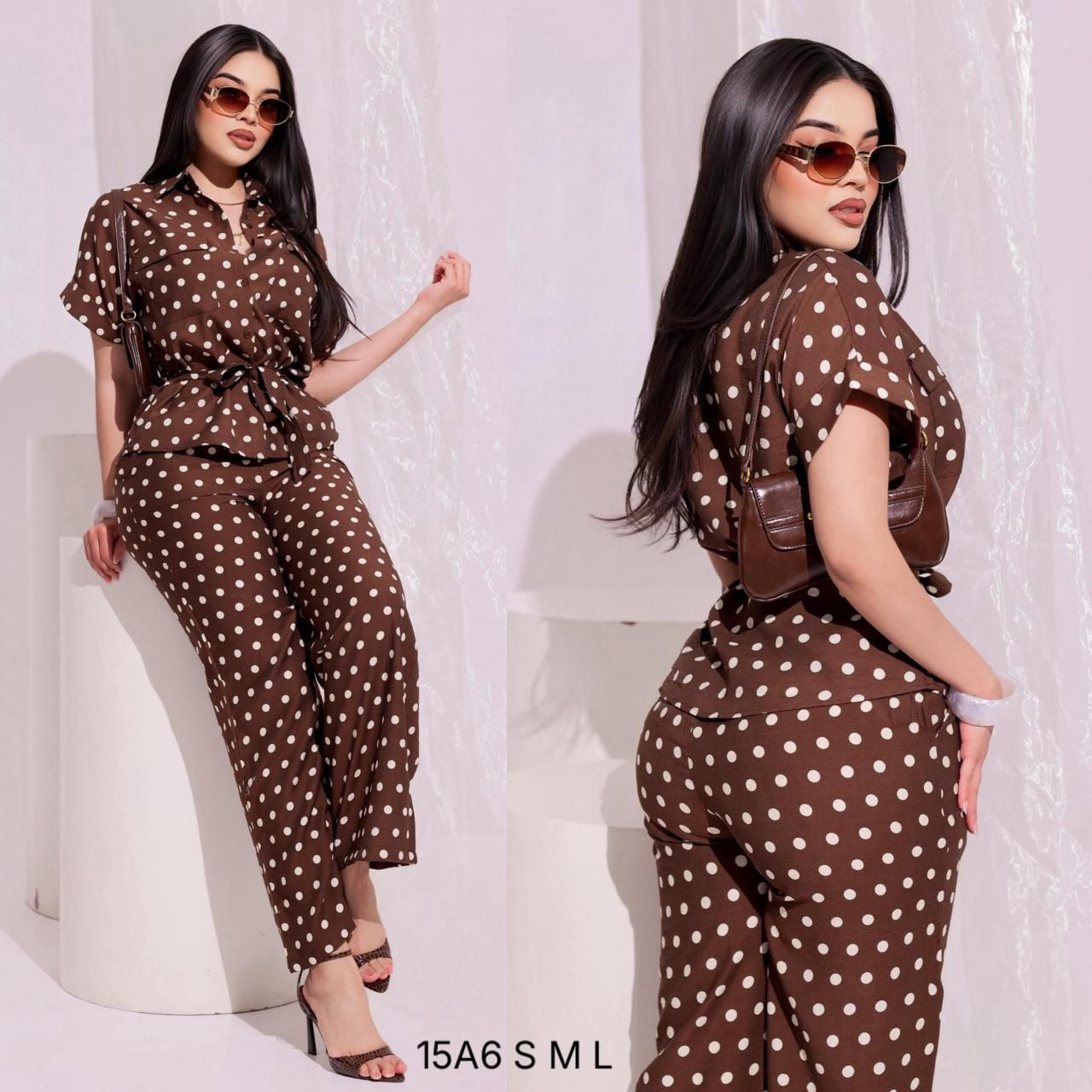 Conjunto tipo lino lunares café