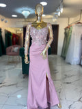 Vestido rosa manga larga apliques 3D