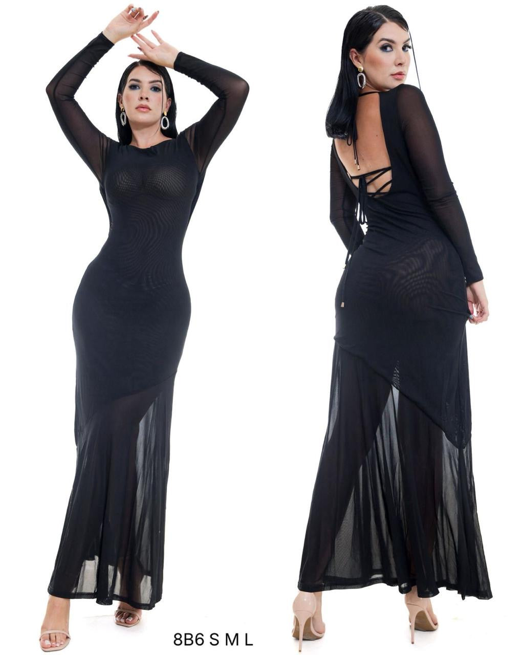 Vestido Tul manga larga negro escote espalda