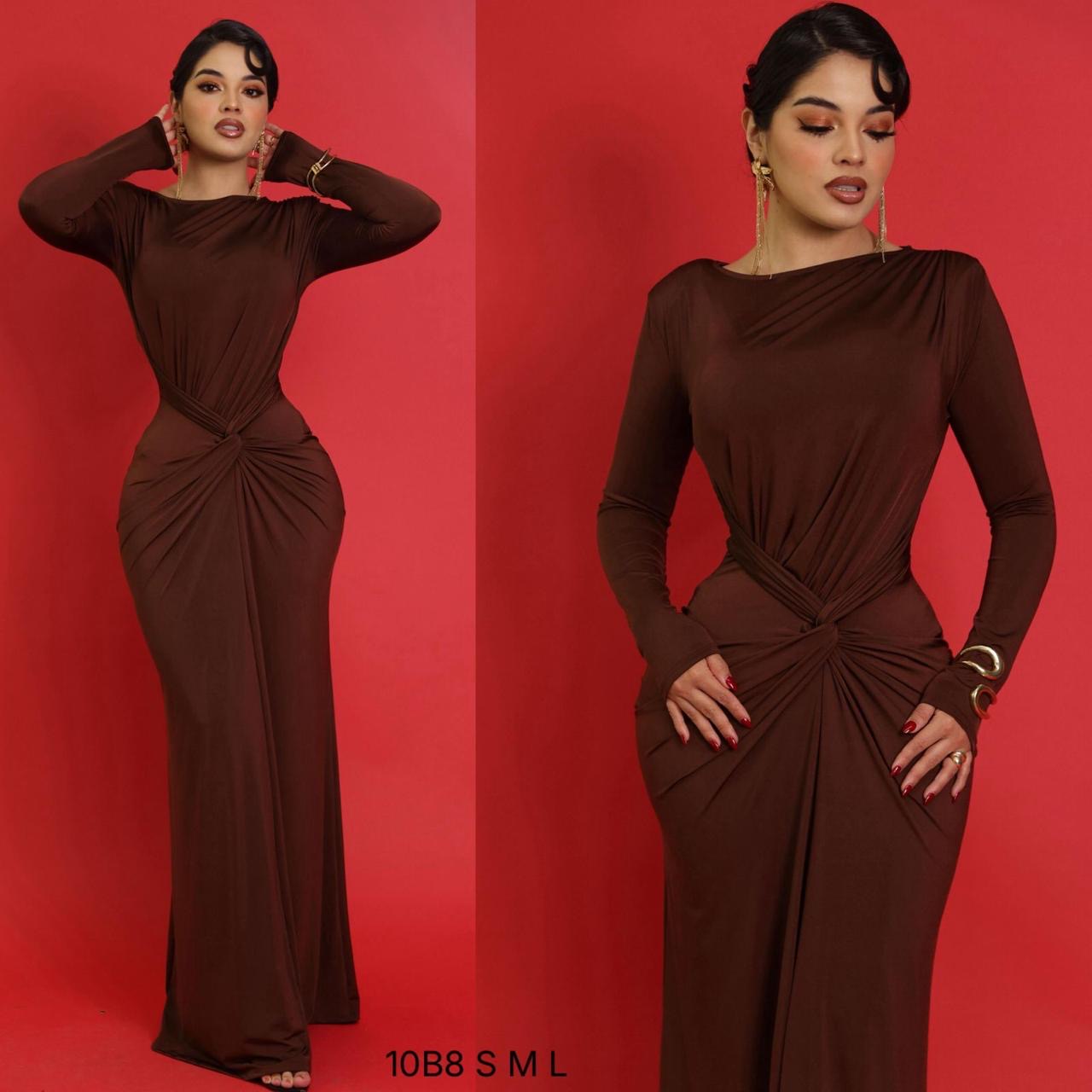 Vestido café Stretch, manga larga Saten