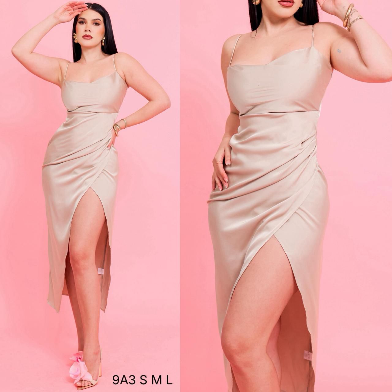 Vestido satén beige corto drapeado