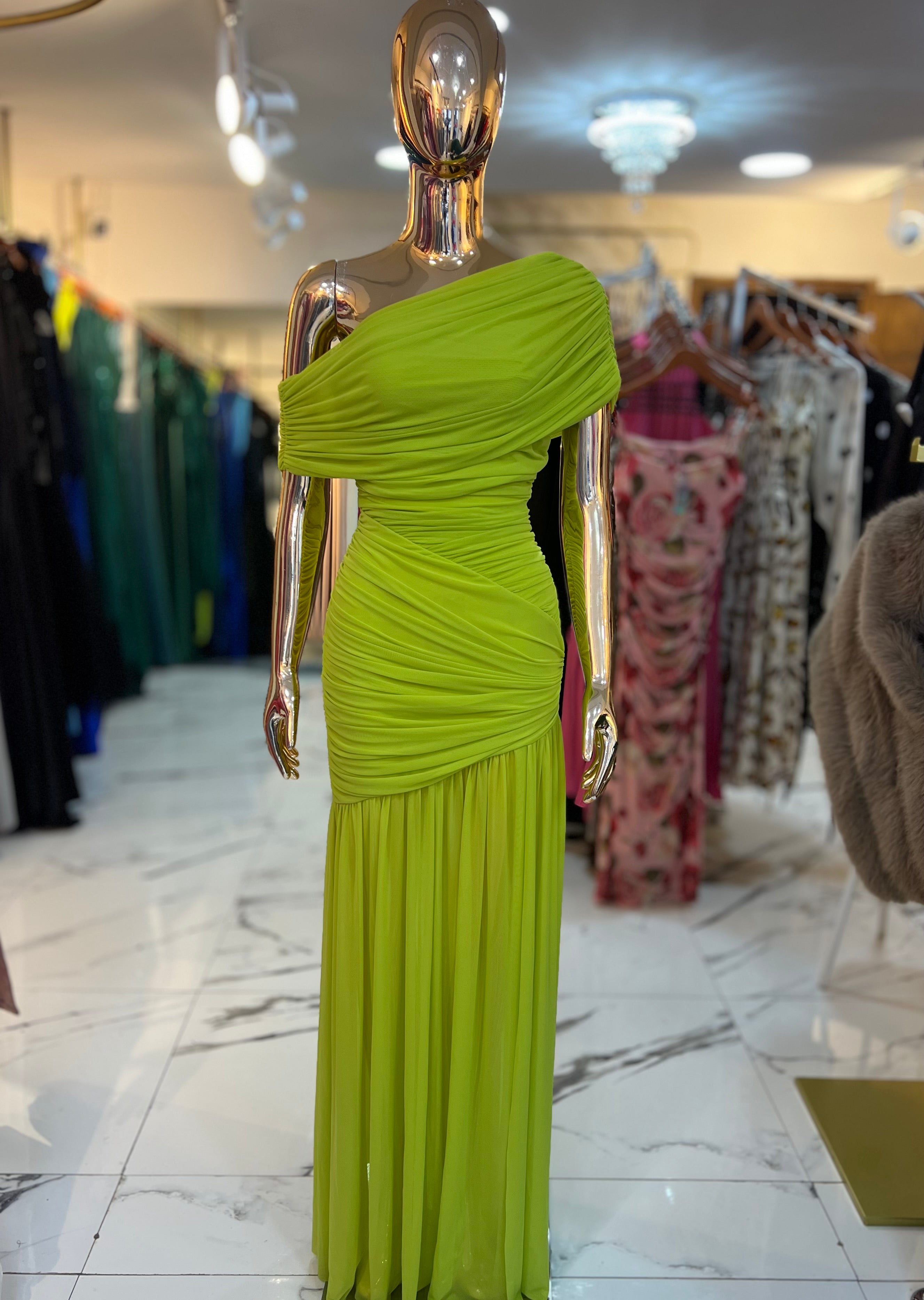 Vestido Tul plisado verde para evento de día o tarde
