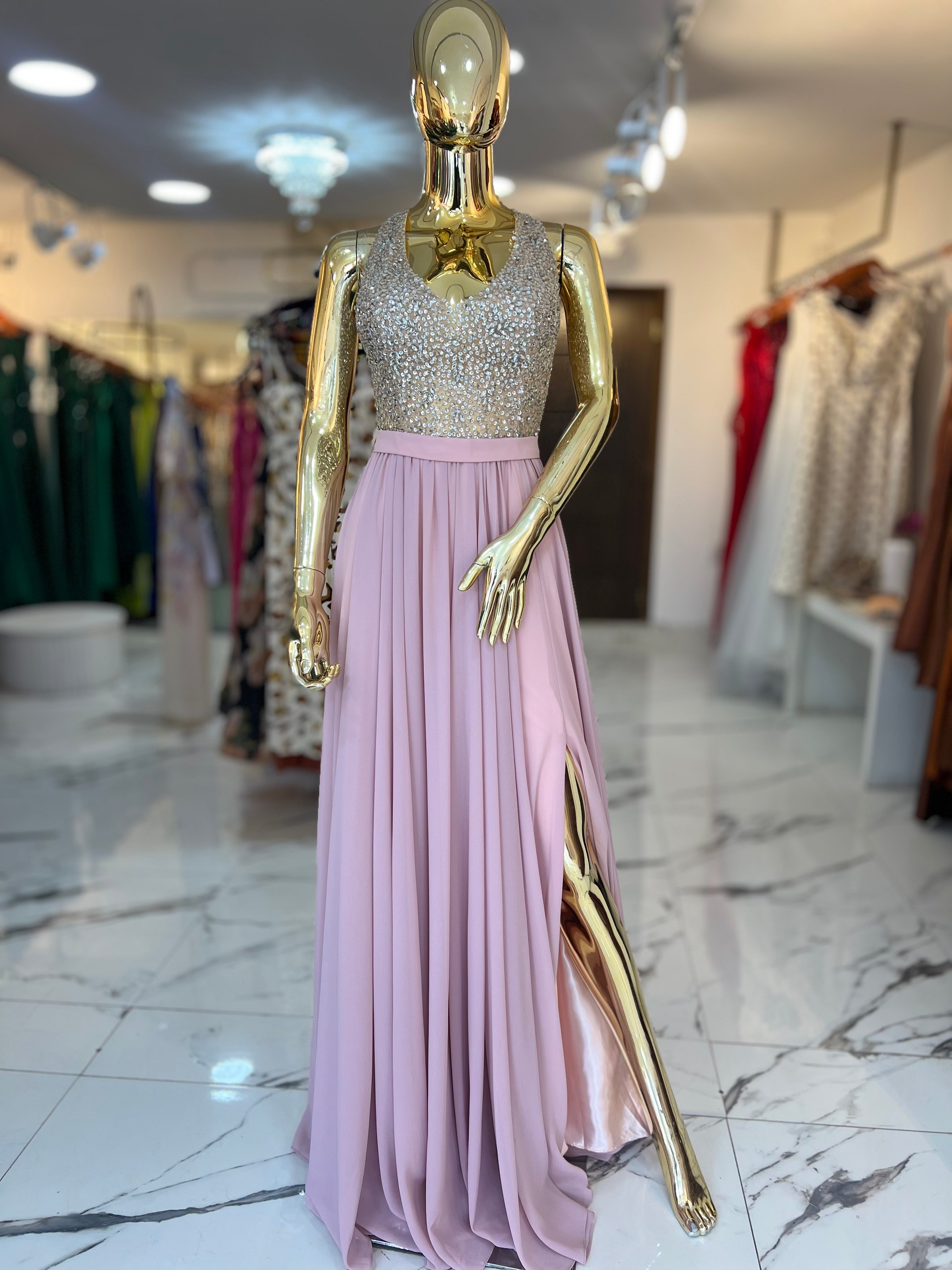 Vestido shiffon rosa pedrería ￼