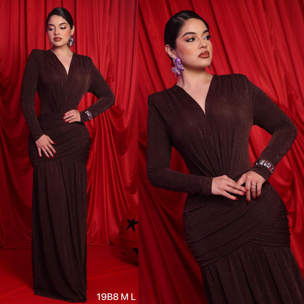Vestido café drapeado tela texturizada Shimmer