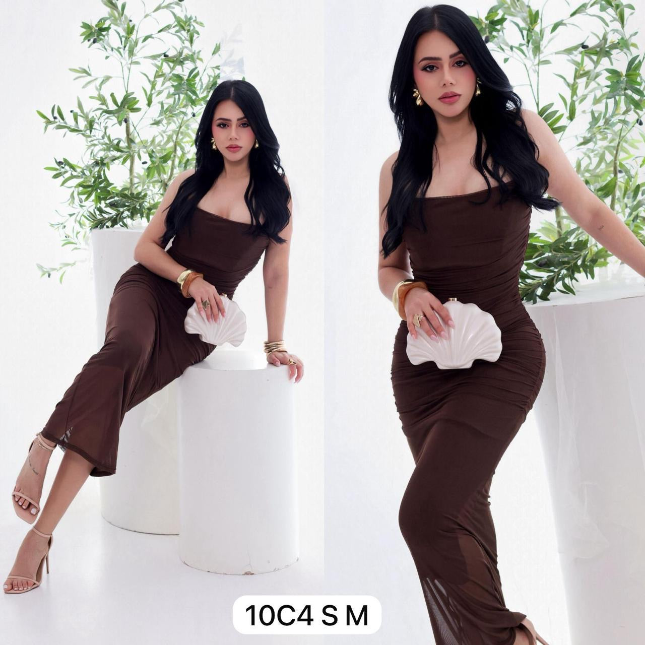 Vestido café Tul plisado con forro