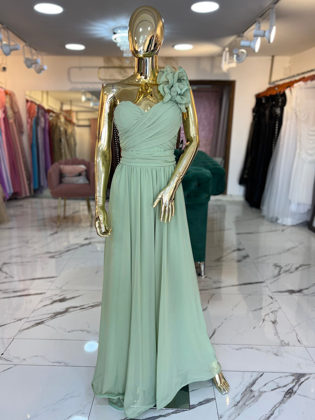 Vestido Chifon verde menta Ribete al hombro