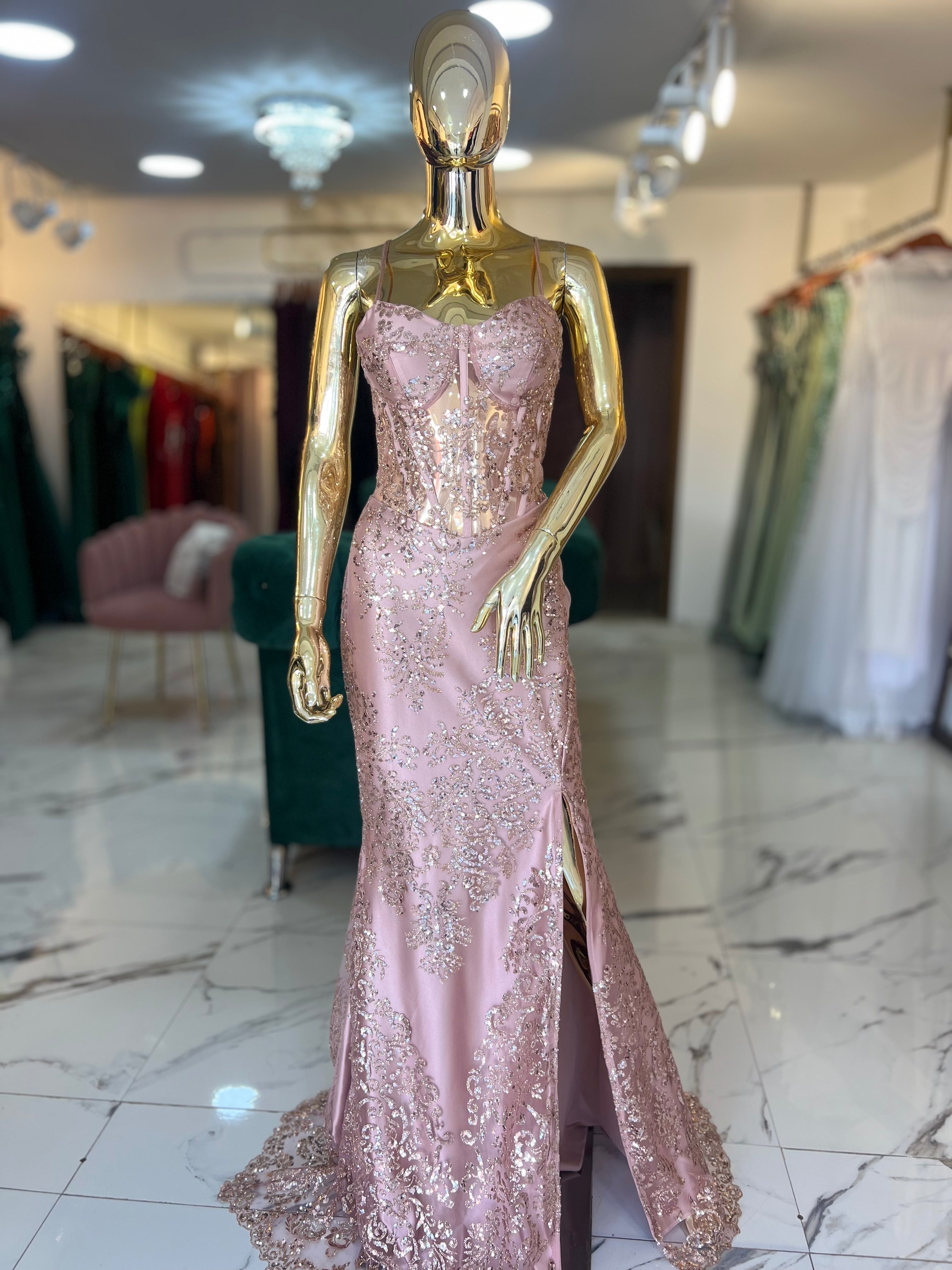 Vestido oro rosa brillos