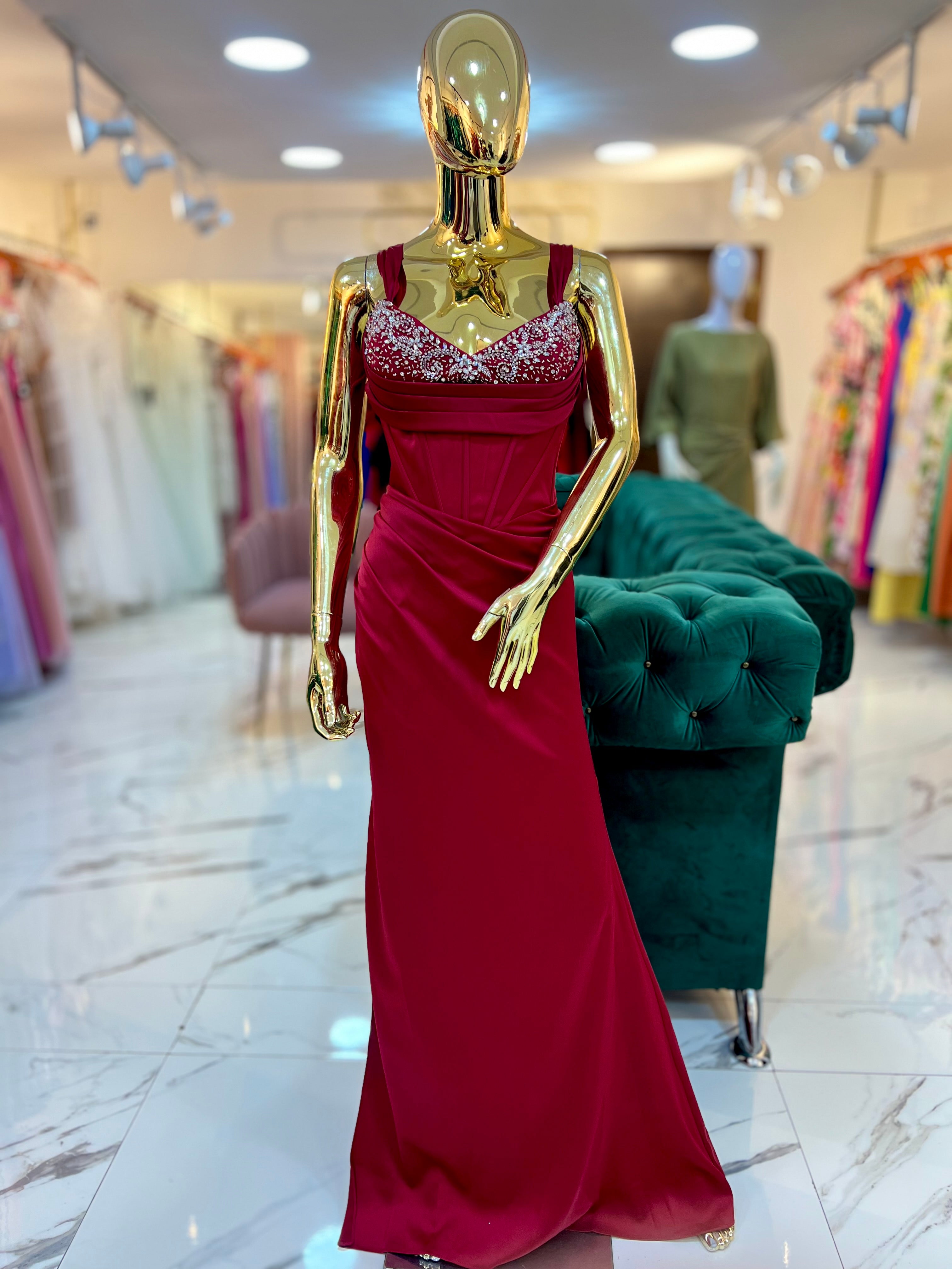 Vestido rojo corsé apliques bustier