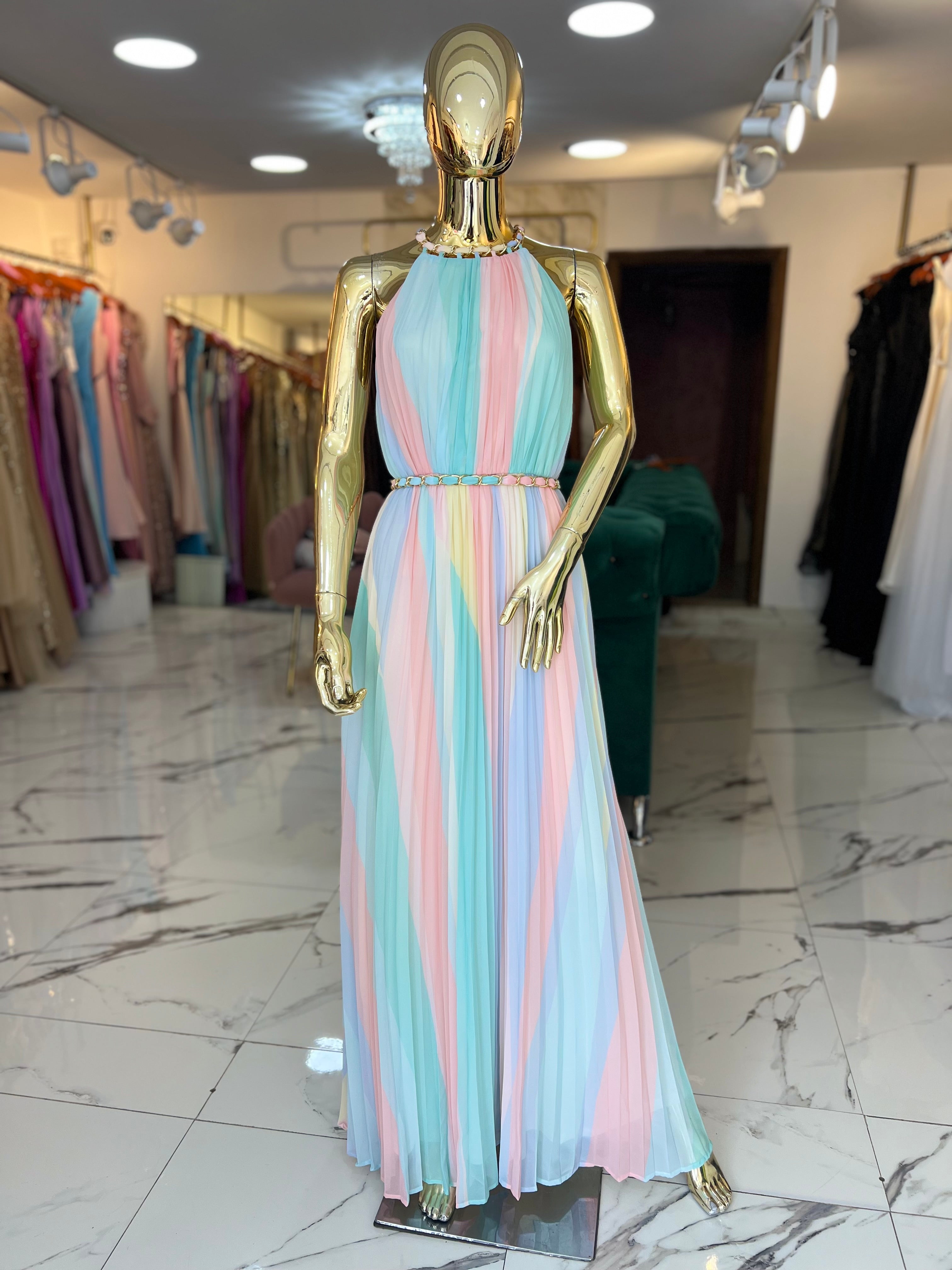 Vestido tabloneado arcoíris pastel