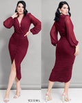 Vestido drapeado tul vino corto manga larga